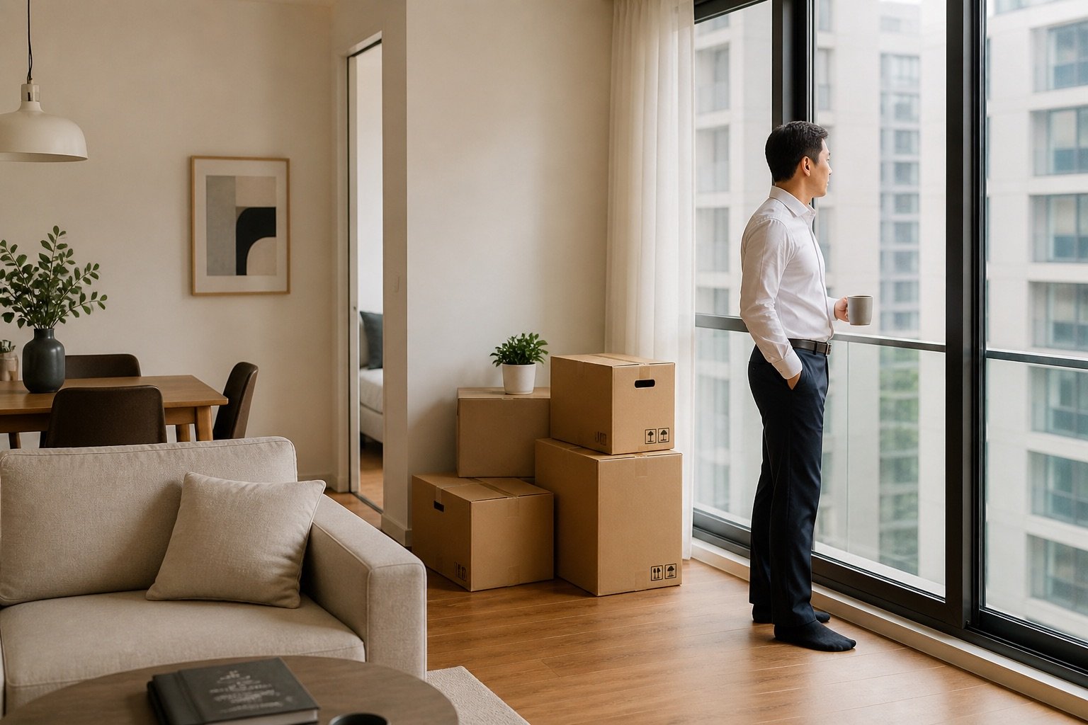 Professional expat in Singapore condo with moving boxes, looking out at city view