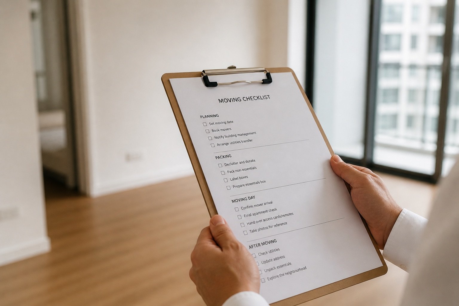 Professional holding checklist in empty Singapore condo at handover