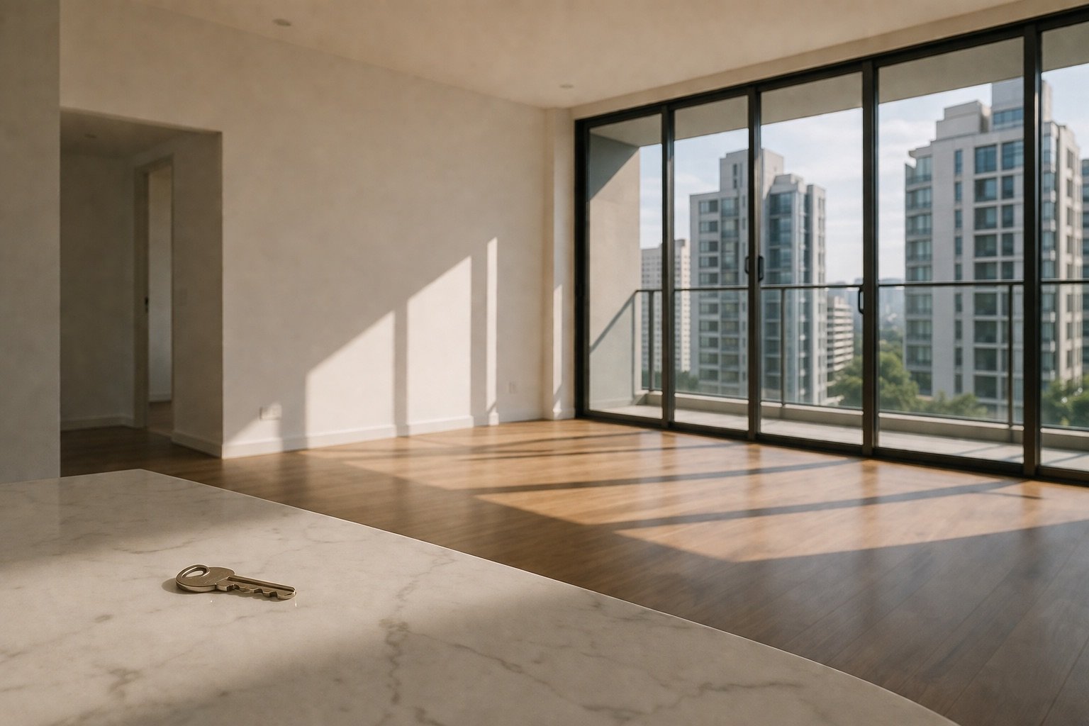 Single key on marble surface in empty Singapore condo with geometric window light