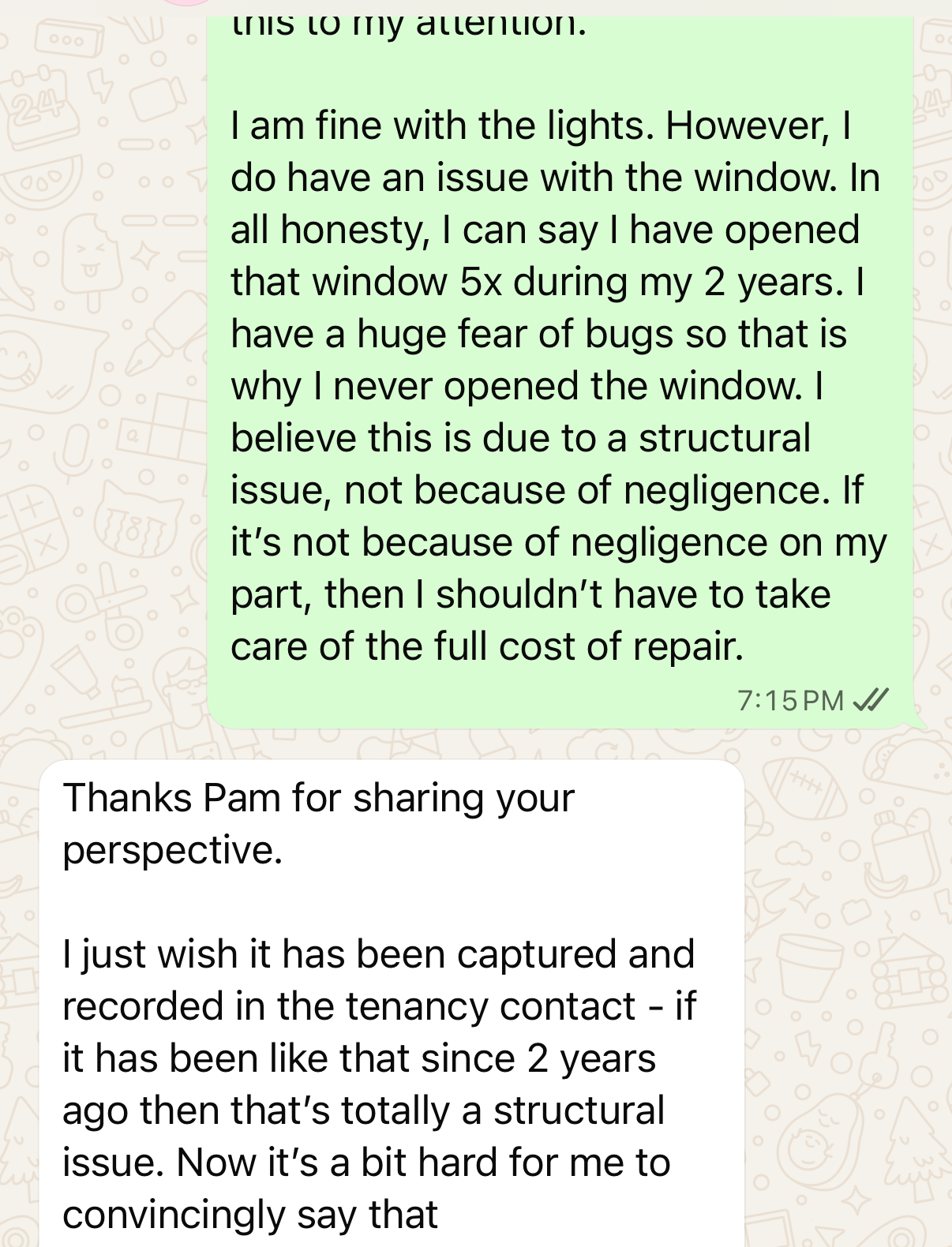 Real WhatsApp exchange showing a landlord acknowledging that undocumented damage makes a deposit dispute very hard to resolve